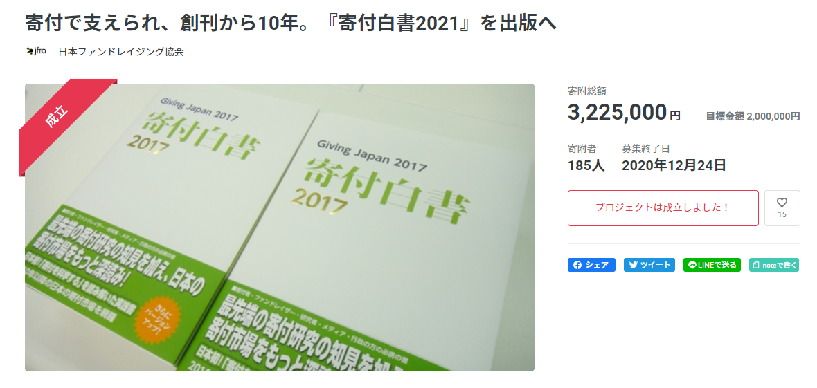 ご報告 寄付白書2021の出版に向けたクラウドファンディング終了のご報告 ニュース 日本ファンドレイジング協会